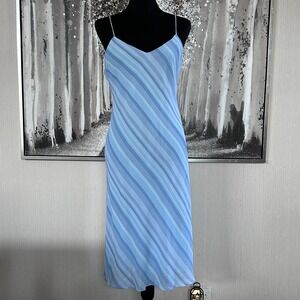 Vintage Ralph Lauren Women's Blue Stripe Spaghetti Strap Midi Dress - Small ?